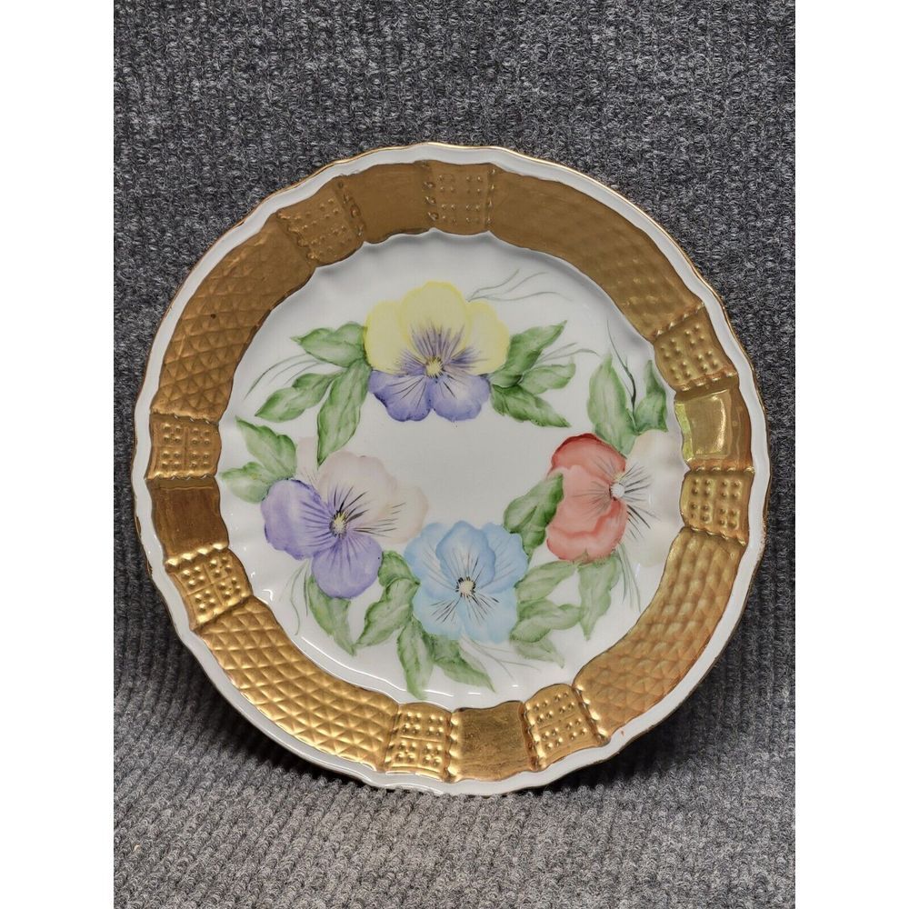 Heinrich Germany Porcelain‎ Cabinet Plate Gold Gilt Pansy Floral Hand Painted